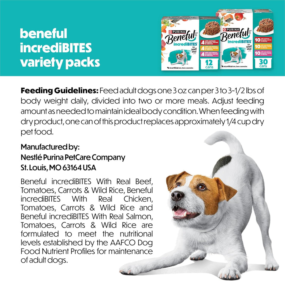 Beneful PLrina Small Breed Wet Dog Food Variety Pack, IncrediBites With Real Beef, Chicken and Salmon - (Pack of 30) 3 Oz. Cans