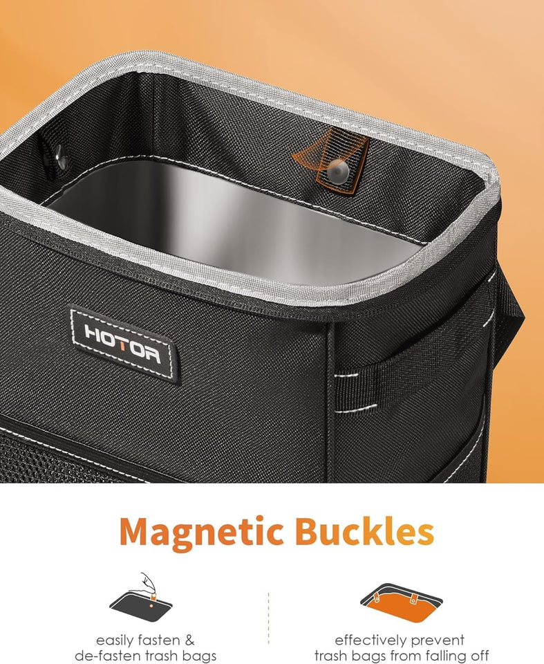 HOTOR Car Trash Can with Lid and Storage Pockets - 100% Leak-Proof Organizer, Waterproof Garbage Can, MultiPLrpose Trash Bin for Car, 2 Gallons, Black