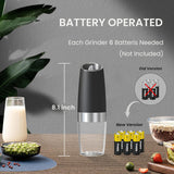 Battery Operated Salt And Pepper Grinder Set with LED Light, Automatic Electric Gravity Salt And Pepper Shakers Set, Each 6 AAA Batteries Needed, Adjustable Roughness, 2 Pack (Black)