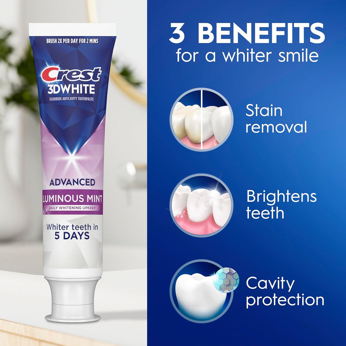 Crest 3D White Advanced Luminous Mint Teeth Whitening Toothpaste, Crest Toothpaste, 3.7 oz Pack of 4 - Helps Remove Surface Stains, Whitens Teeth, Strengthens Tooth Enamel, Protects Against Cavities