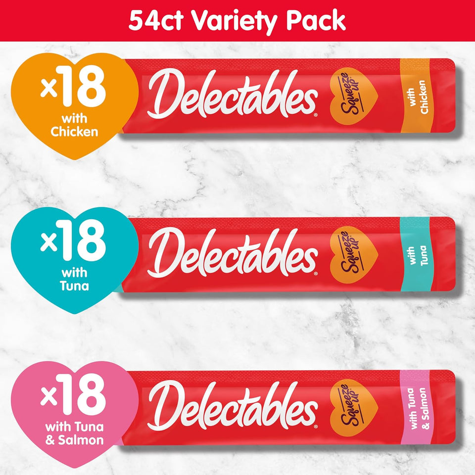 Delectables Squeeze Up Variety Pack, Creamy Squeezable PLree, Lickable Wet Cat Treats, Grain Free, No Added Fillers, No By-Products, No Added Preservatives, 0.5 Ounces Tube, 54 Tubes Total