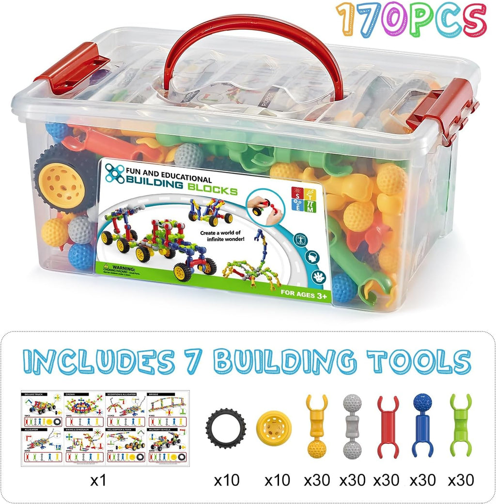 170 Pcs Building Toys for Kids Ages 4-8 with Toy Box Storage, Idea Guide, Building Blocks STEM Toys for 3 4 5 6 7 8 9 Year Old Creative Kids Activity, Christmas Birthday Gifts for Boys Girls
