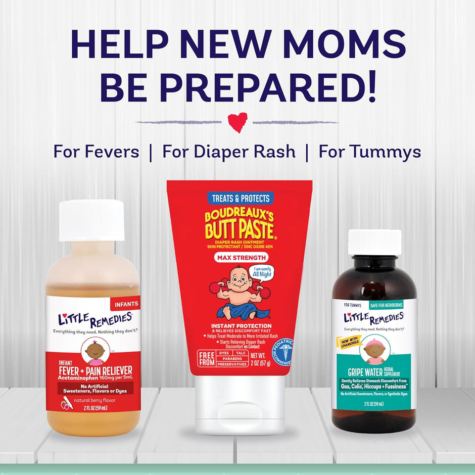 Little Remedies New Baby Essentials Kit with Saline Nasal Spray, Diaper Rash Cream, Gas Relief Drops, Gripe Water & More, Safe for Newborns