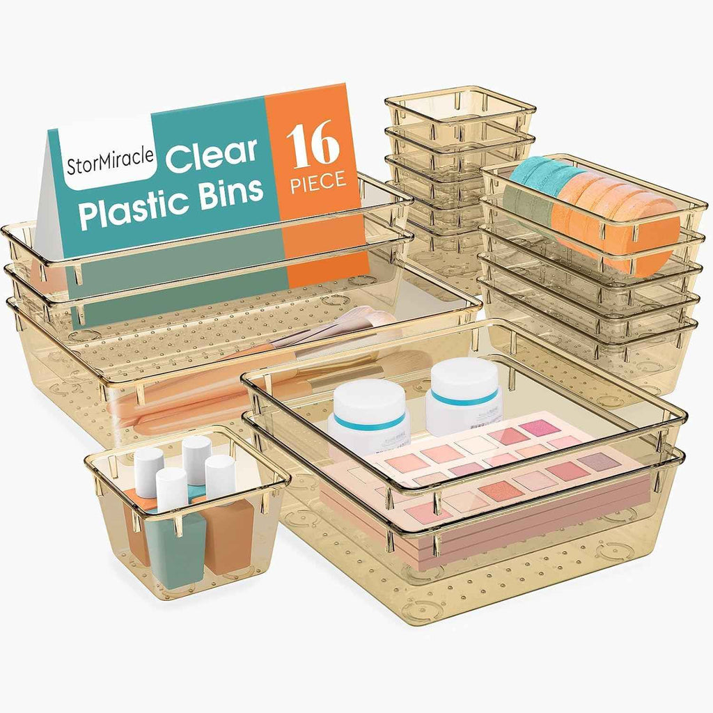 16 PCS Drawer Organizer Set, 5 Varied Size Bathroom and kitchen Drawer cabinet organizer Trays, Clear Storage Bins for Makeup, Jewelry, Utensils and Gadgets