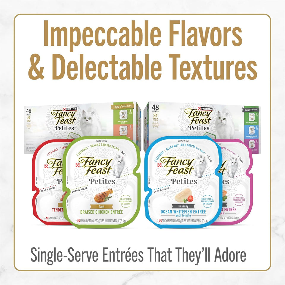 PLrina Fancy Feast Gourmet Wet Cat Food Variety Pack, Petites Gravy Collection, break-apart tubs, 48 servings - (Pack of 24) 2.8 oz. Tubs