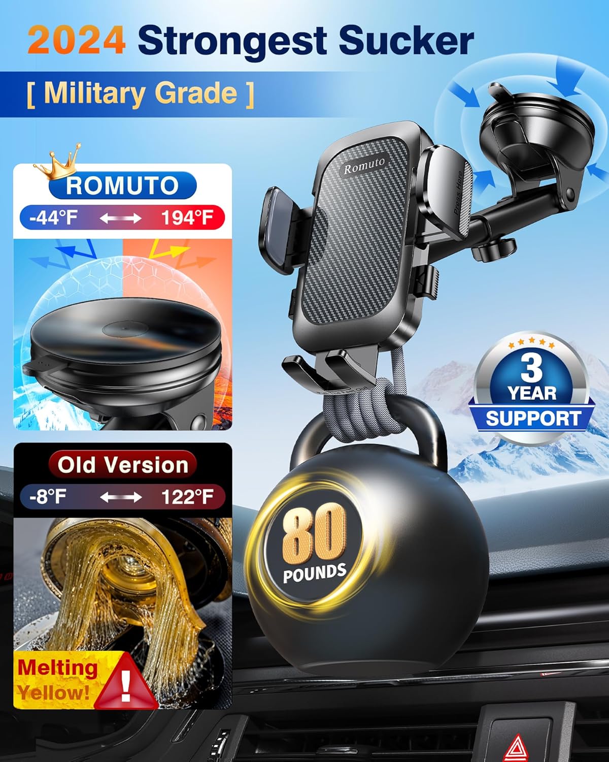 Romuto Phone Holders for Your Car Phone Holder Mount【Super Suction】Cell Phone Mount for Car Accessories for Women Men Windshield/Vent/Dashboard Pad Mount Truck Stand GPS Dash Holder for iPhone Samsung
