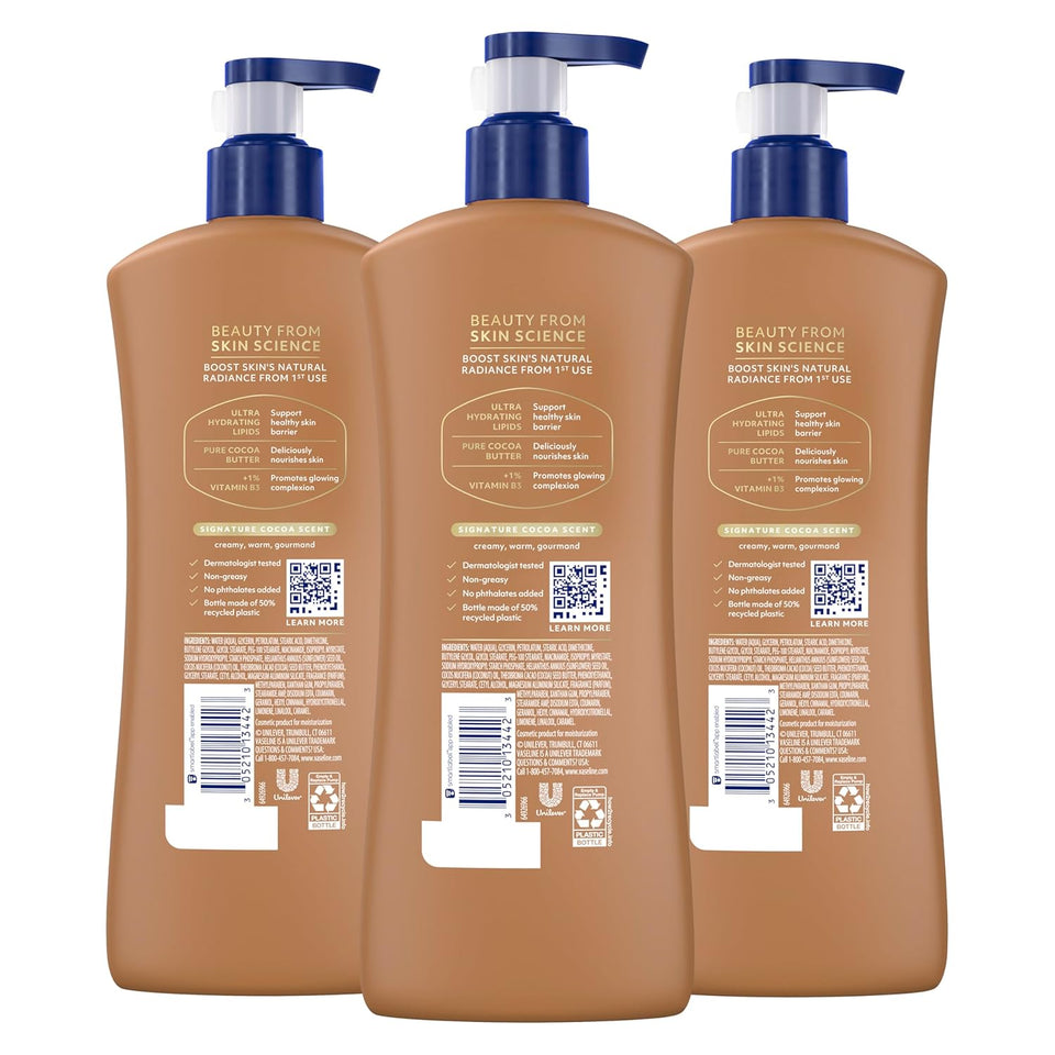 Vaseline Intensive Care Body Lotion Cocoa Radiant 3 count for Dry Skin Lotion Made with Ultra-Hydrating Lipids and PLre Cocoa Butter for a Long-Lasting, Radiant Glow 20.3 Oz