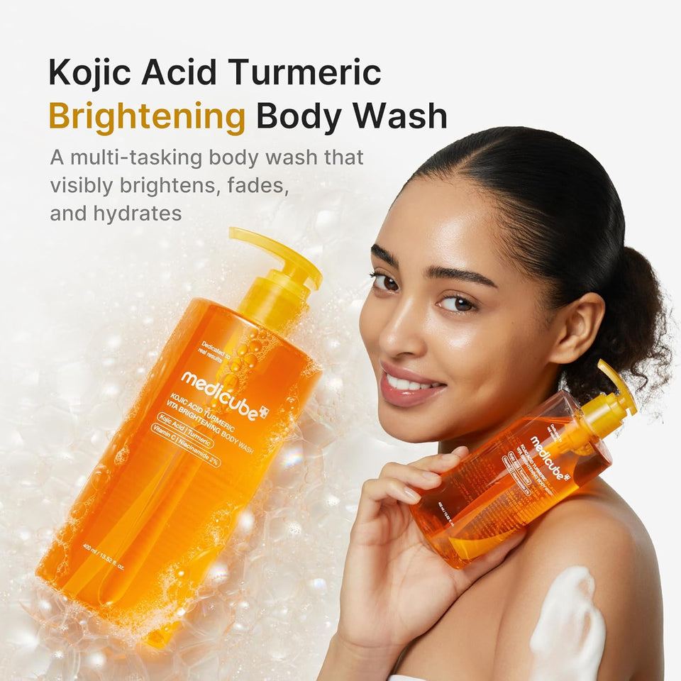 medicube Kojic Acid Turmeric Brightening Body Wash | Gentle Shower Gel for Uneven Skin | Niacinamide, Vitamin C, AHA/BHA | Deep Cleansing, Hydrating Formula | Easy and Effective, 13.52 fl.oz