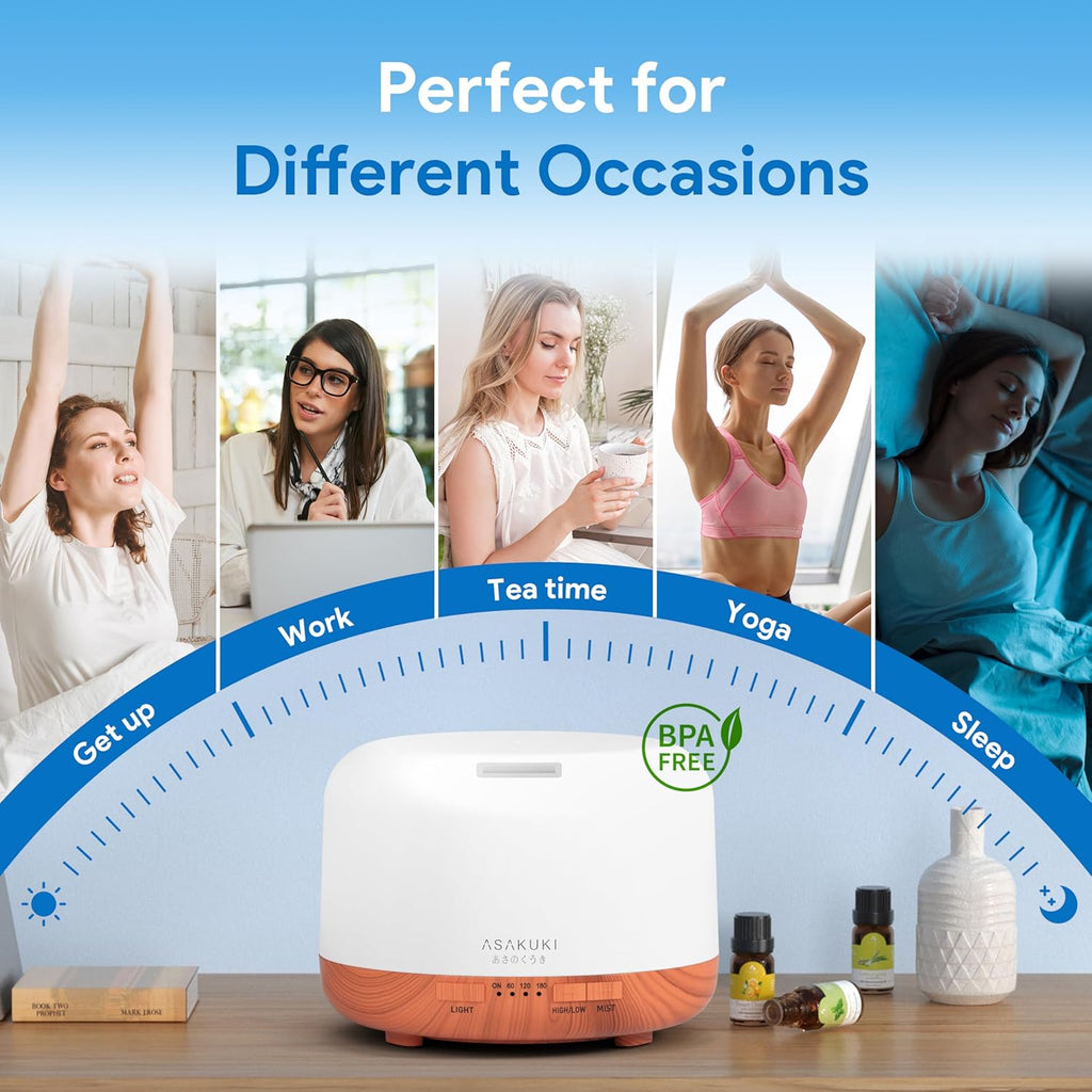 ASAKUKI Essential Oil Diffuser 500ml, Ultrasonic Aromatherapy Humidifier with Remote Control, 7 LED Colors, Timer & Auto-Off, Large Room Diffuser (Yellow)