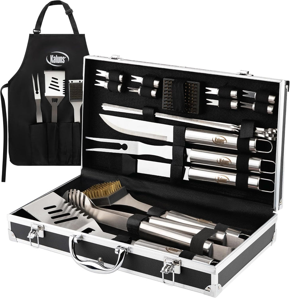 Kaluns BBQ Accessories Grill Tools, Mens Valentines Day Gifts for Him, Heavy Duty Stainless Steel Barbecue Grill Accessories for Outdoor Grill with Aluminum Case and Apron, Grilling Gifts for Men Dad