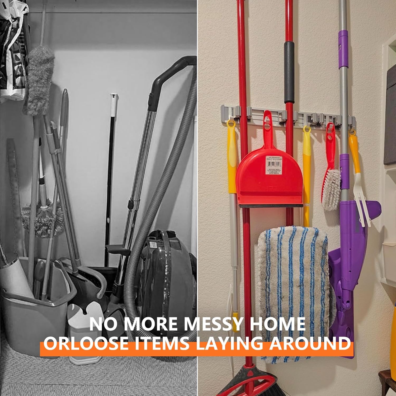 reliahom Adjustable Broom Holder Wall Mount, Mop Storage Tool Racks, Broom Hanger Tool Organizer for Garage, Kitchen, Garden, Laundry Room, 4 Racks 5 Hooks Silver
