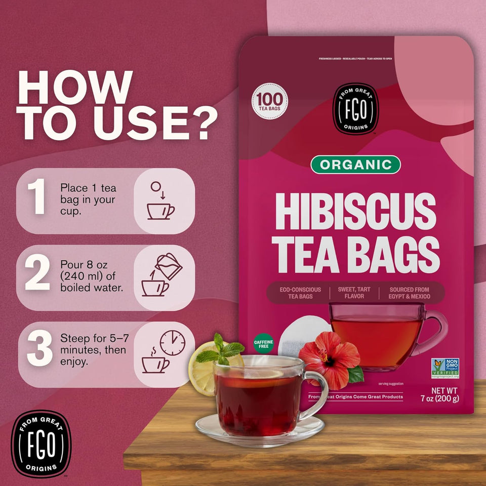 FGO Organic Hibiscus Tea, 100 Count, Eco-Conscious Tea Bags, Caffeine Free, Packaging May Vary (Pack of 1)
