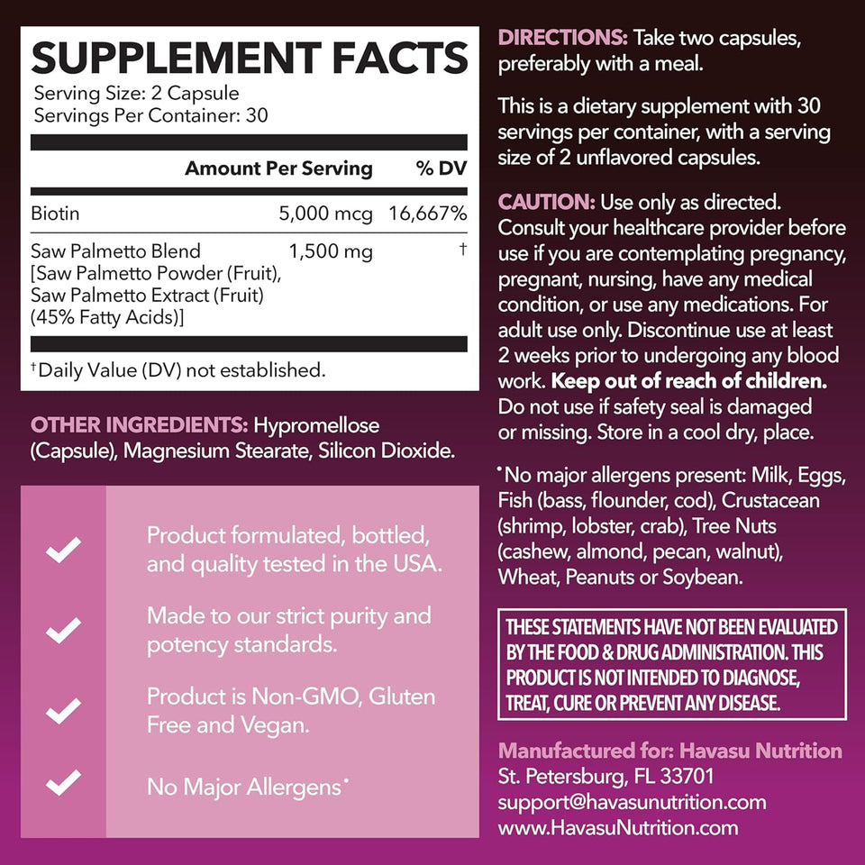 Saw Palmetto for Women with Biotin 5000mcg - Powerful DHT Blocker to Support Hair, Skin, and Nail Health - 60 Count - Vegan, Non-GMO Vitamin for Stronger, Fuller Looking Locks - 1 Month Supply
