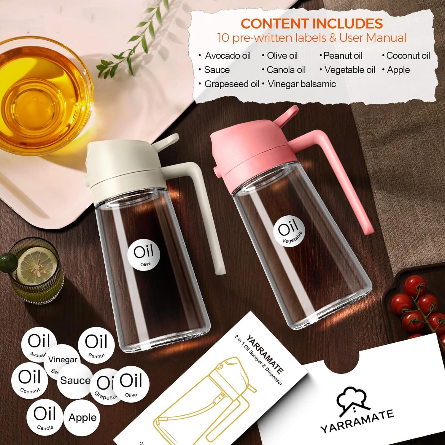 YARRAMATE 16oz/470ml Glass Olive Oil Sprayer for Cooking with Stickers, 2 in 1 Oil Dispenser for Kitchen Gadgets, Food Grade Premium Spray Bottle for Salad, Frying, BBQ (Creamy White)