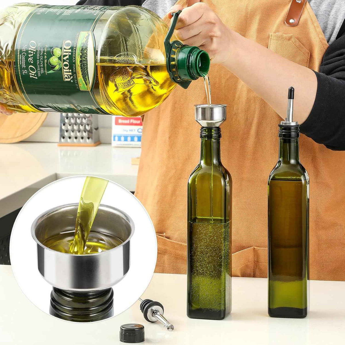 Aozita 17oz glass olive oil bottle dispenser with pourers and funnel for kitchen use
