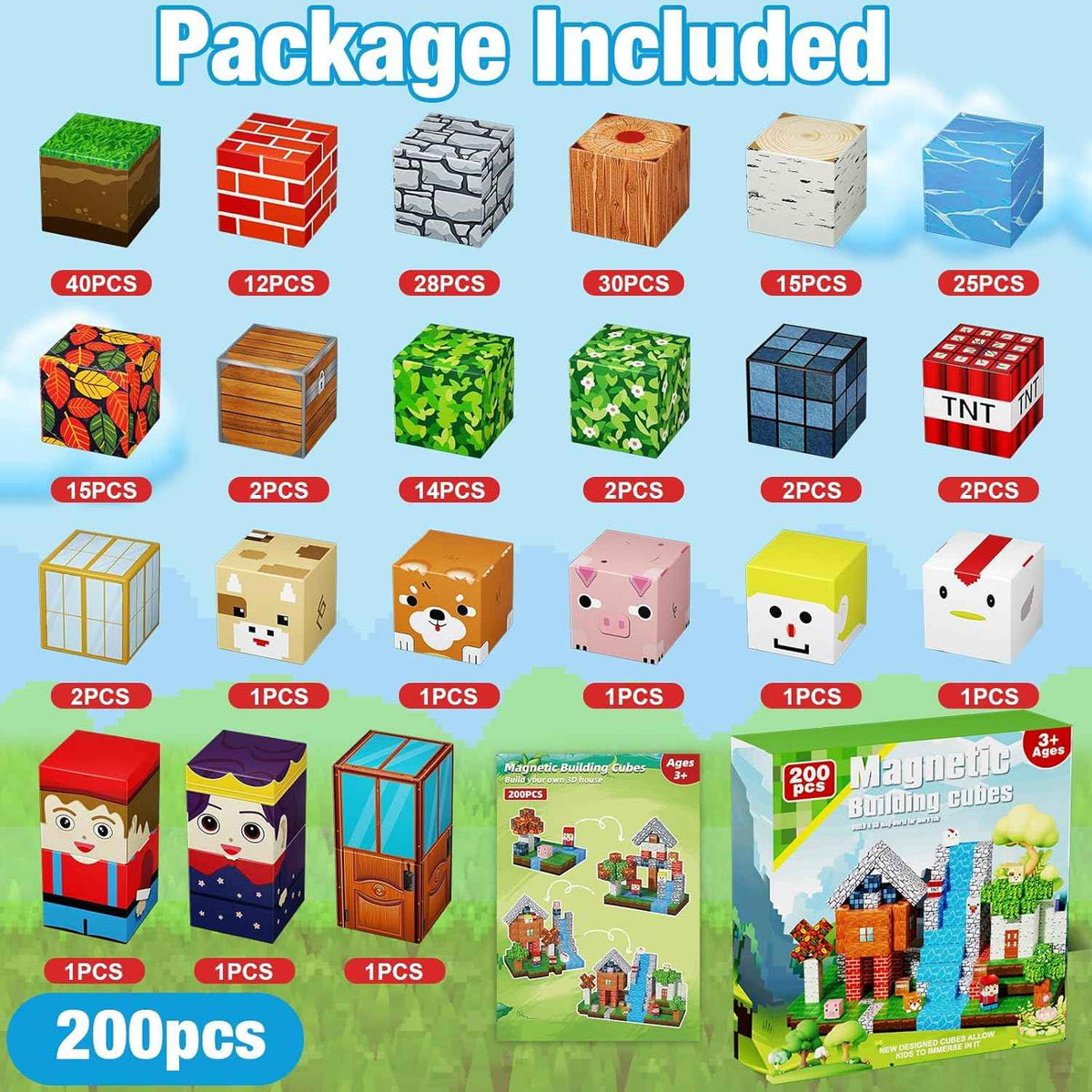 200PCS Magnetic Blocks Set for Kids, STEM Montessori Stacking Toys, Sensory Building Cubes for Toddlers, Age 3-10, Christmas Birthday Gifts
