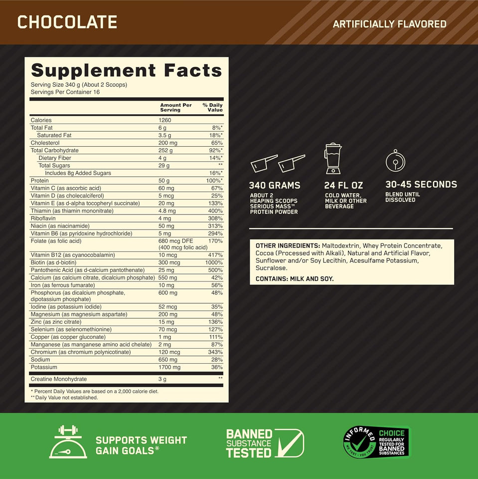 Optimum Nutrition Serious Mass, Weight Gainer Protein Powder, Mass Gainer, Vitamin C and Zinc for Immune Support, Creatine, Chocolate, 12 Pound (Packaging May Vary)