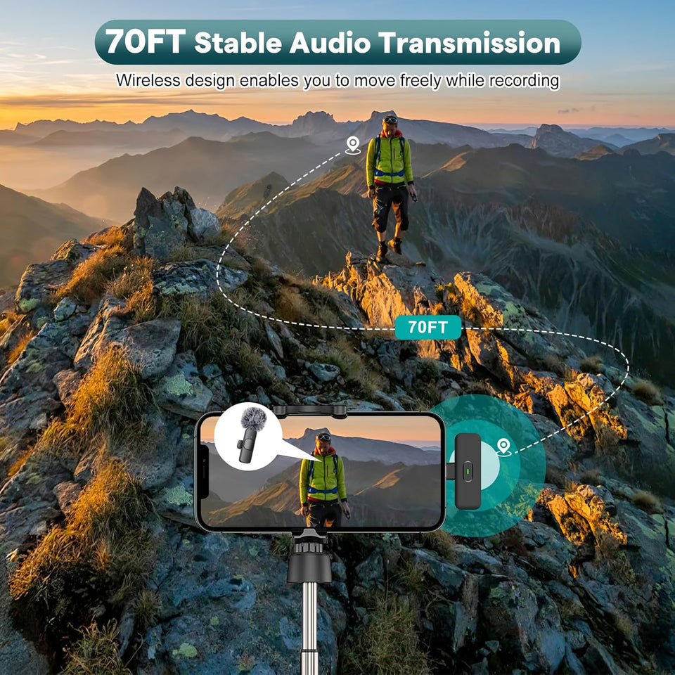 Wireless Mini Lavalier Microphone 2-Pack – Universal USB-C & Lightning Lapel Mic for iPhone 17/16/Android, 70ft Range Noise-Reduction Mic for YouTube, TikTok, and Vlogging