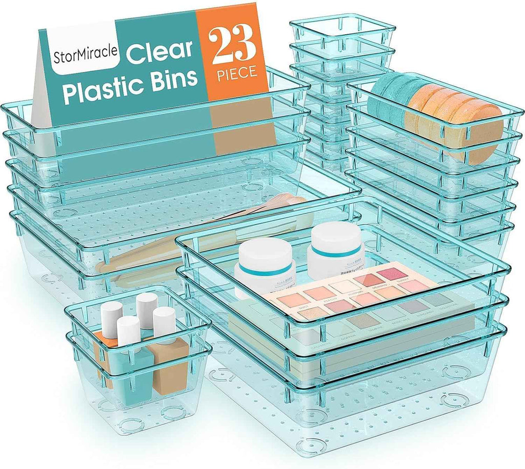 16 PCS Drawer Organizer Set, 5 Varied Size Bathroom and kitchen Drawer cabinet organizer Trays, Clear Storage Bins for Makeup, Jewelry, Utensils and Gadgets