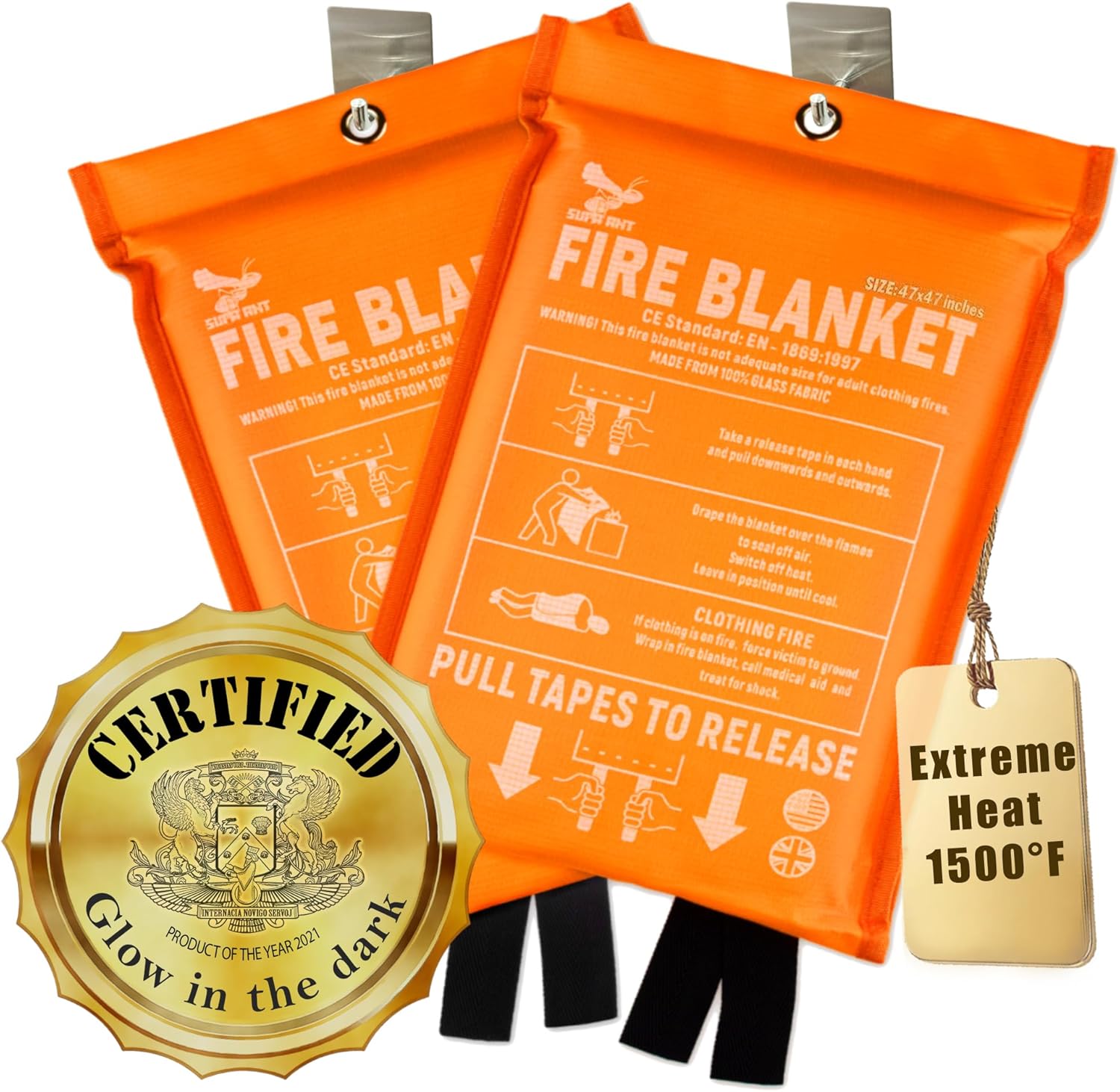 Fire Blanket - 1500F CE Certified Emergency Fire Blanket for Home and Kitchen. 500GSM Fabric & 0.5mm Thick - 100% Fiberglass Fire Extinguisher for Car,Warehouse Office - 2pc (47x47 inches) by Supa Ant