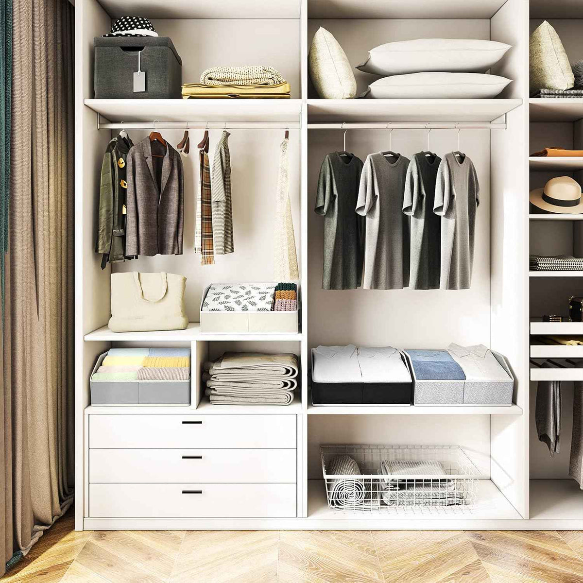 Closet Organizers Bins 6 Packs - Large Closet Shelf Organizer with Handles, Fabric Trapezoid Storage Bins, Collapsible Storage Cubes for Clothes, Towels, Light Gray