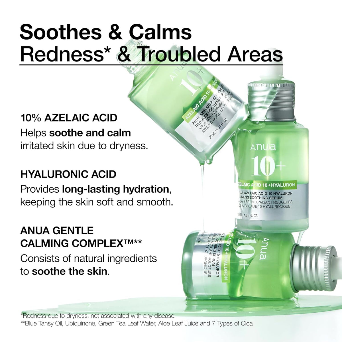 anua azelaic acid 10 hyaluron redness soothing serum for sensitive skin, korean skincare, vegan, 30ml, 1.01 fl oz.