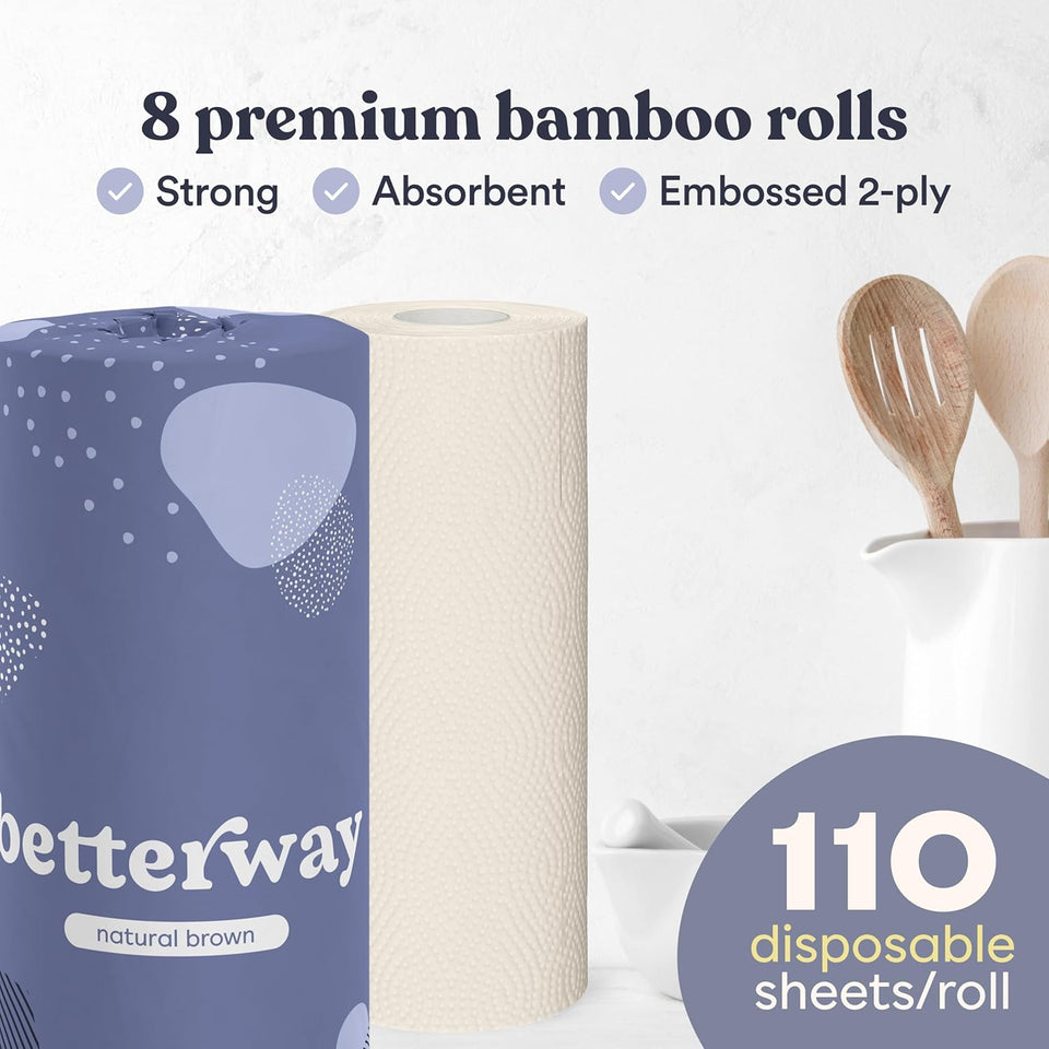 Betterway Bamboo Natural Brown Paper Towels, 8 Rolls, 2-Ply, 110 Sheets Each, Plastic-Free Disposable Kitchen Towels