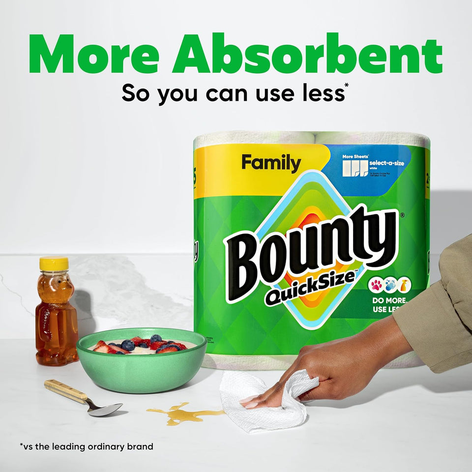 Bounty Quick Size Paper Towels, White, 8 Family Rolls for Convenient Kitchen Cleanup