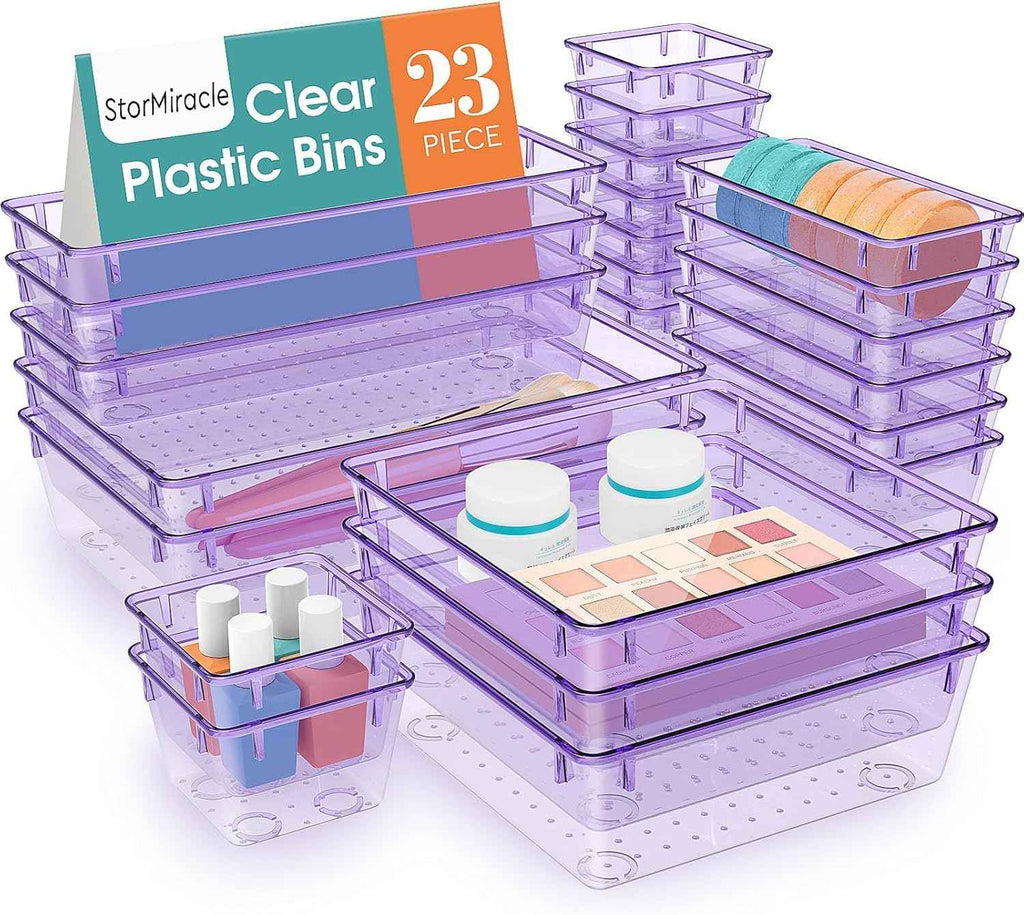 16 PCS Drawer Organizer Set, 5 Varied Size Bathroom and kitchen Drawer cabinet organizer Trays, Clear Storage Bins for Makeup, Jewelry, Utensils and Gadgets