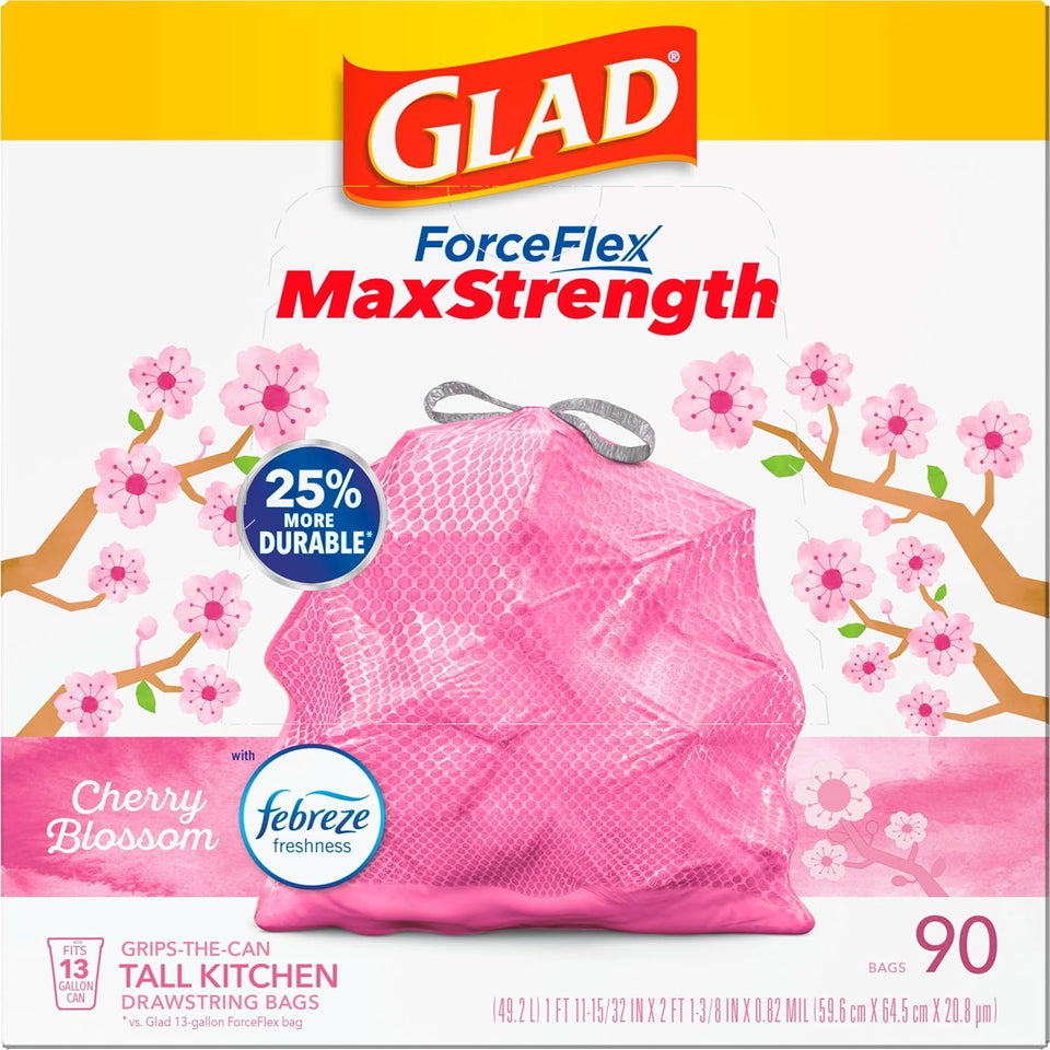 Glad Tall Kitchen Trash Bags 13 Gallon, MaxStrength Cherry Blossom Garbage Bags, Drawstring, 90 Count - PureLivingMart