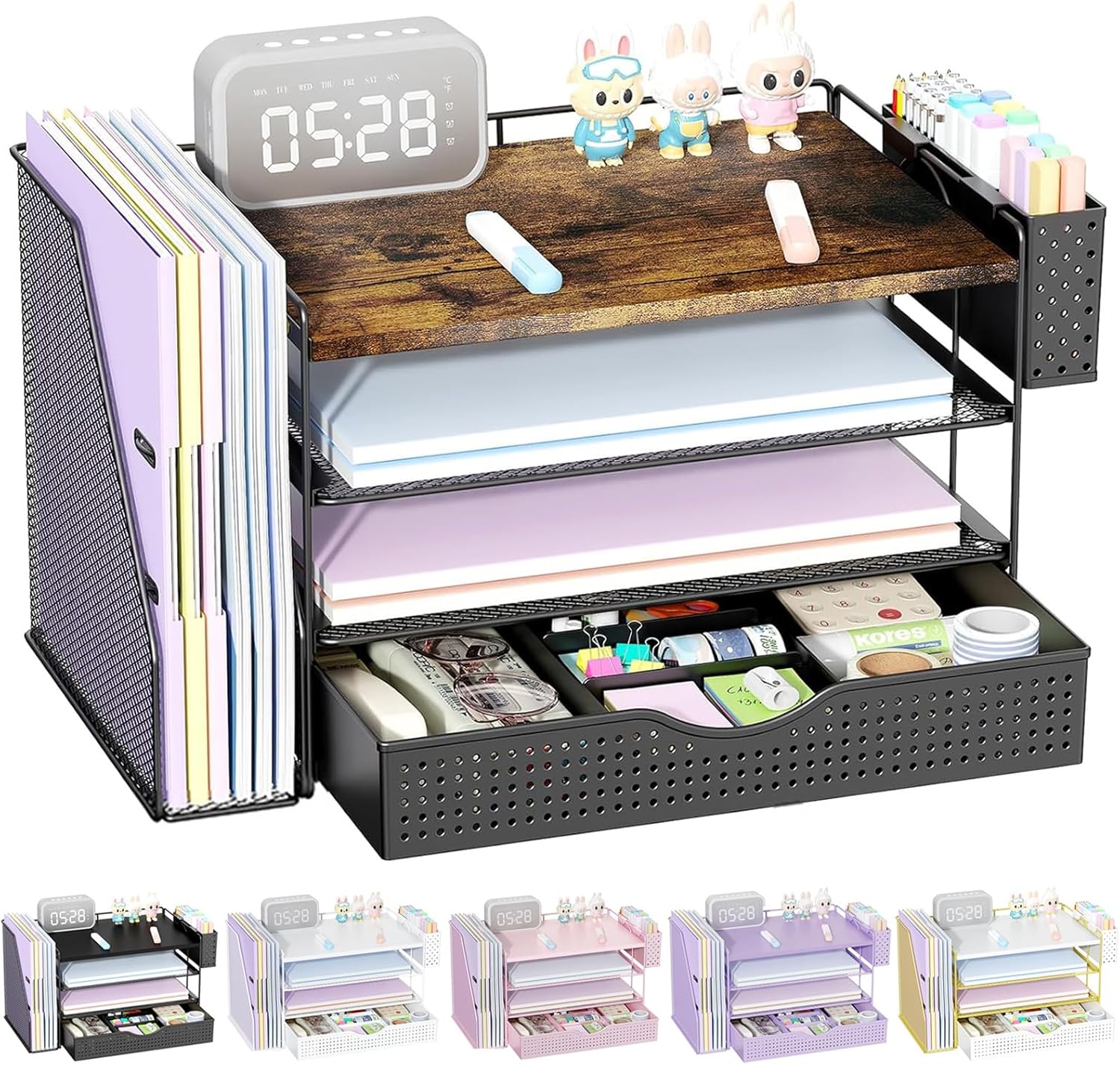 gianotter Wood Desk Organizers and Accessories with File Holder, 4-Tier Desk Accessories & Workspace Organizers with Drawer and Pen Holder, Desk Reference Organizer (Wood)