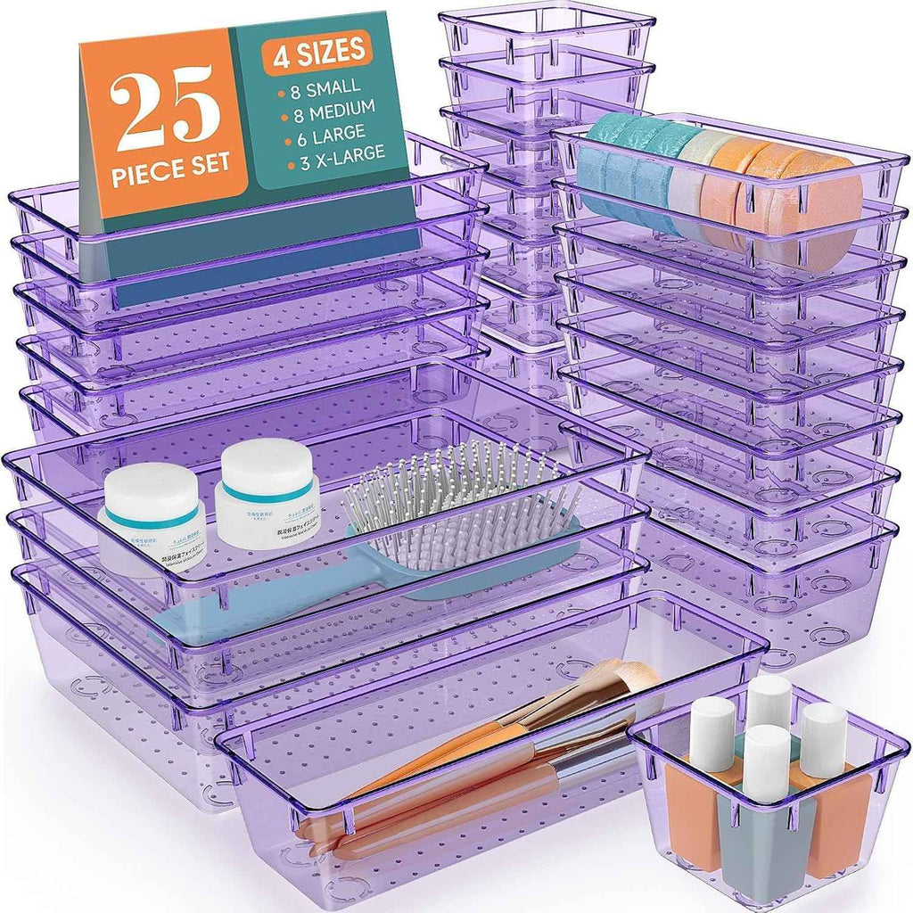 16 PCS Drawer Organizer Set, 5 Varied Size Bathroom and kitchen Drawer cabinet organizer Trays, Clear Storage Bins for Makeup, Jewelry, Utensils and Gadgets