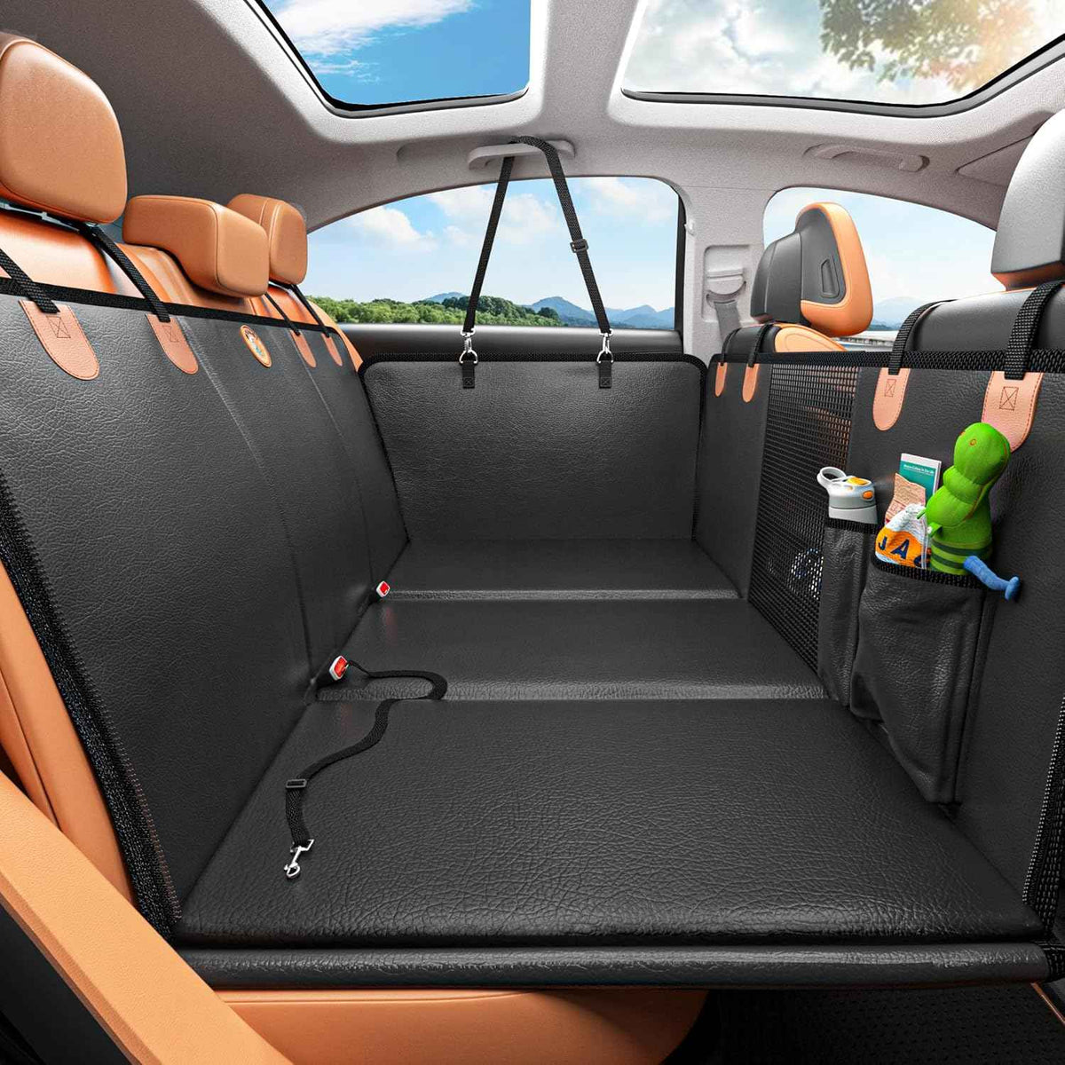 Back Seat Extender for Dogs Waterproof Dog Car Seat Cover with Hard Bottom PU Leather