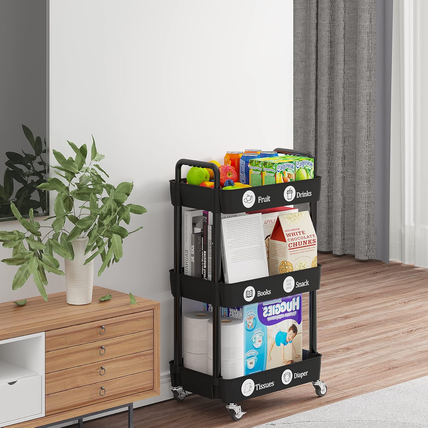 Laiensia 3-Tier Storage Carts,Multifunction Utility Rolling Cart Kitchen Storage Organizer,Mobile Shelving Unit Cart with Lockable Wheels for Bathroom,Laundry,Living Room,With Classified Sticker,Black