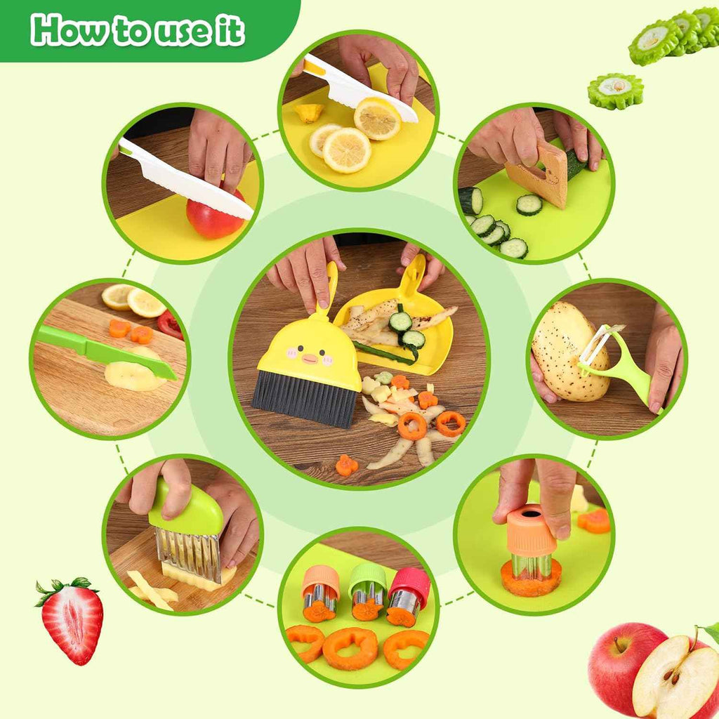 14PC Montessori Toy Safe Kitchen Knife Set for Toddler, Kids Knife Set for Real Cooking with Cutting Board, Gift for 3-12 Year Old Girl Boy Bithday Chistmas, Little Chef Cooking Tool for Kid Age 3-12