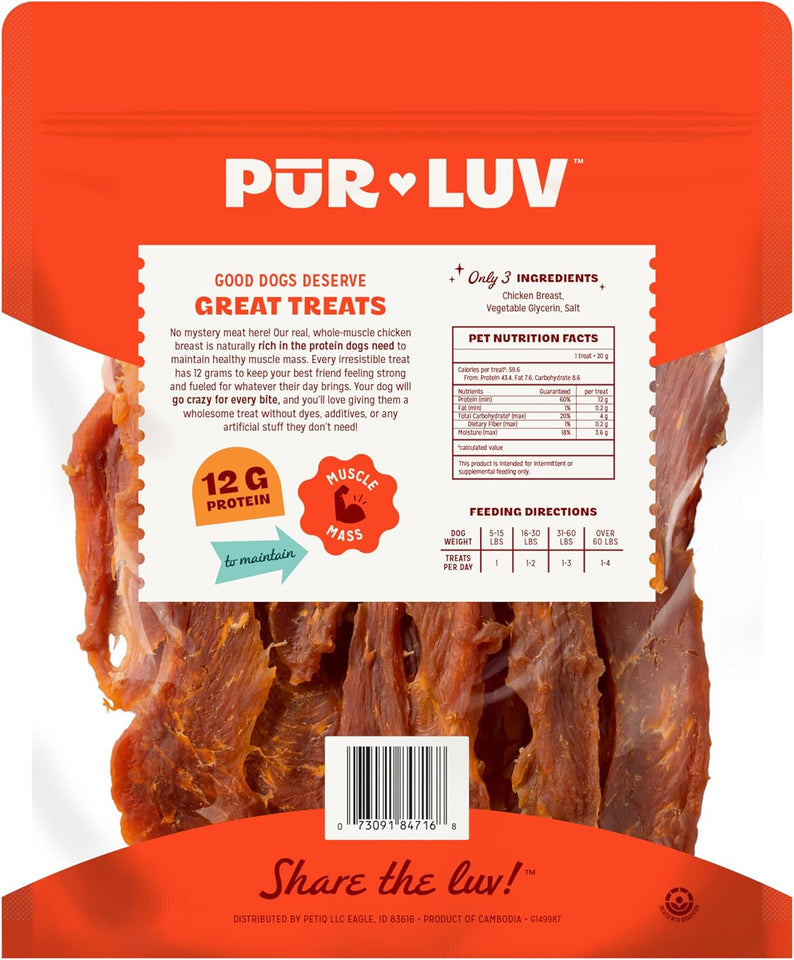 PLr Luv Chicken Jerky Dog Treats, Made with 100% Real Chicken Breast, 16 Ounces, Healthy, Easily Digestible, Long-Lasting, High Protein, Satisfies Dog's Urge to Chew