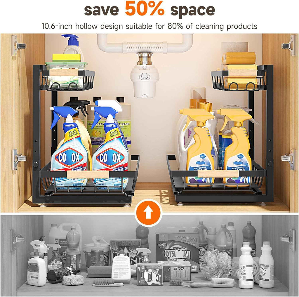 2 packs under sink organizer, 2026 upgrade, height adjustable, 2 tier, multi-purpose storage shelf