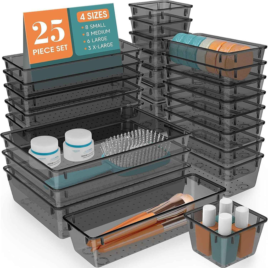 16 PCS Drawer Organizer Set, 5 Varied Size Bathroom and kitchen Drawer cabinet organizer Trays, Clear Storage Bins for Makeup, Jewelry, Utensils and Gadgets