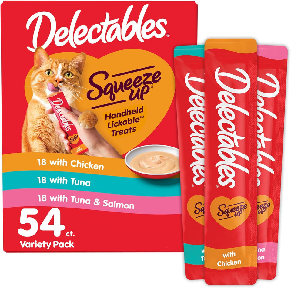 Delectables Squeeze Up Variety Pack, Creamy Squeezable PLree, Lickable Wet Cat Treats, Grain Free, No Added Fillers, No By-Products, No Added Preservatives, 0.5 Ounces Tube, 54 Tubes Total