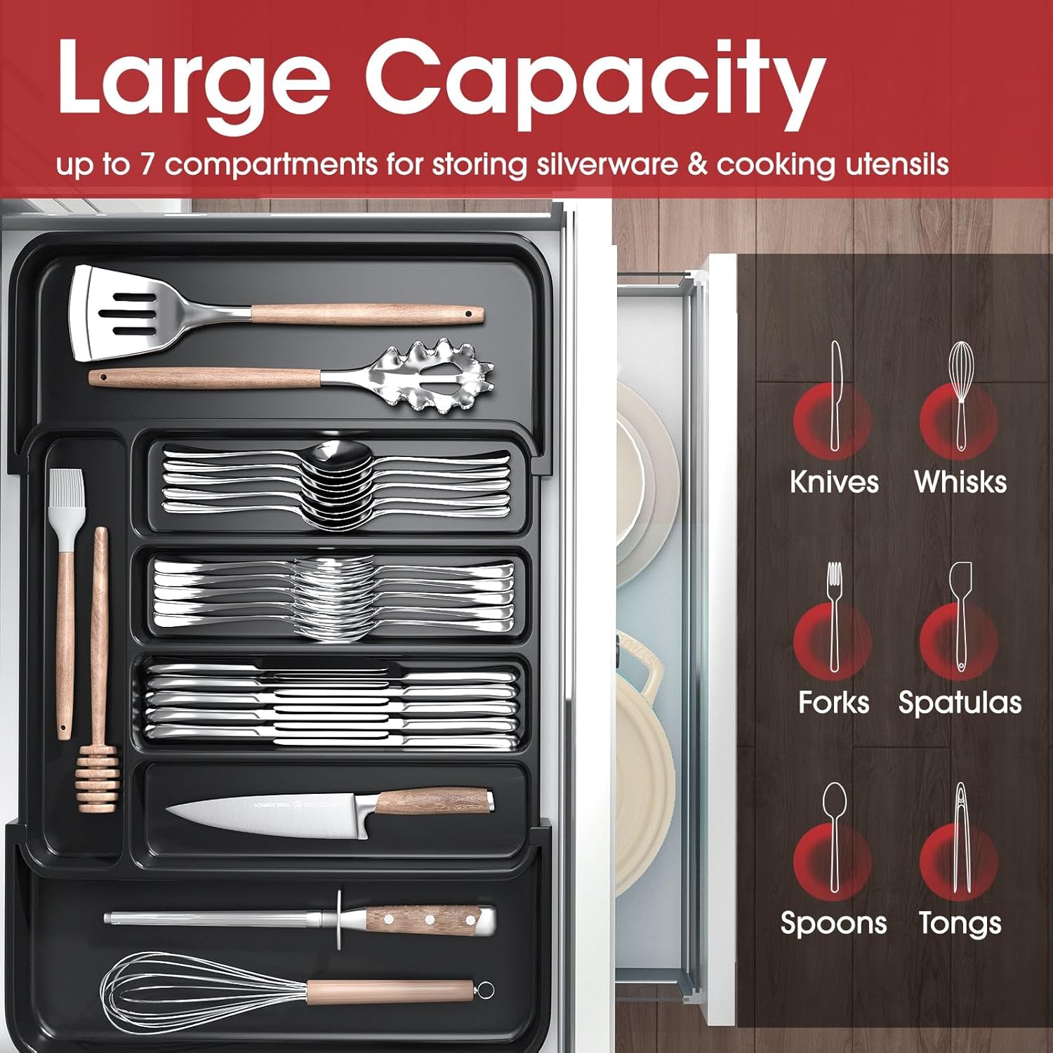 Aujen Silverware Organizer - Expandable Kitchen Drawer Organizer, Adjustable Utensil Organizer, Cutlery Tray for Forks, Knives, Multipurpose Kitchen Organizers and Storage Solution, Black, Medium