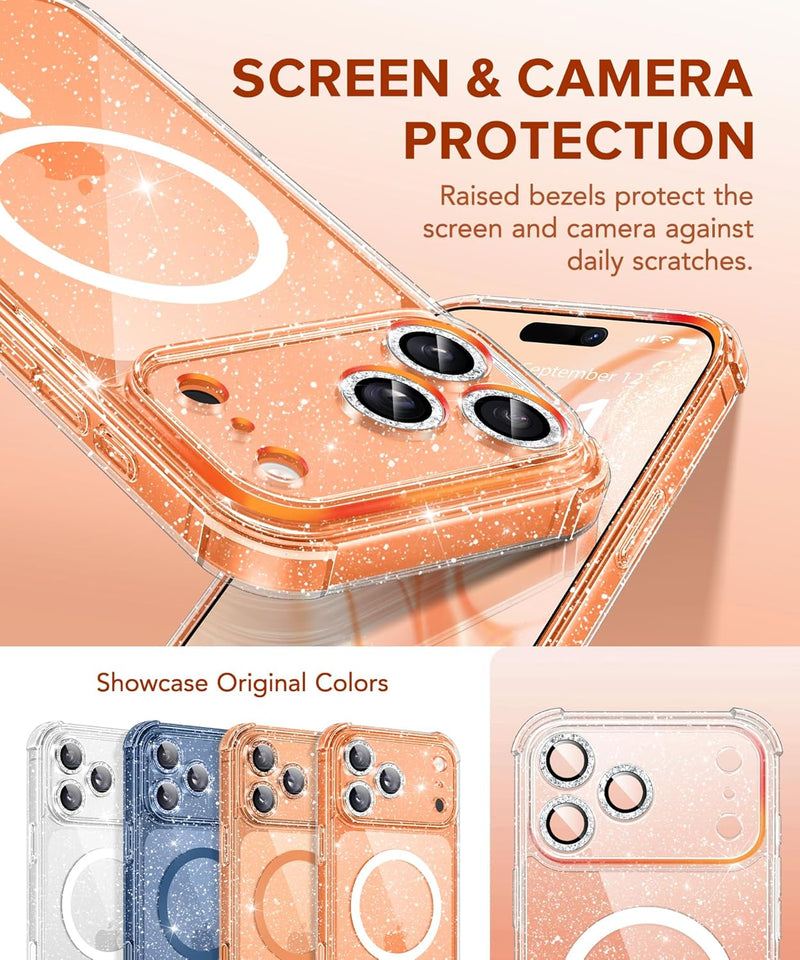 BERFY for iPhone 17 Pro Max Case for Women, Compatible with MagSafe, Clear Glitter Shockproof Protective Case, Anti-Yellowing, with Screen Protector & 3 Diamond Camera Lens Covers 6.9", Sparkle Clear