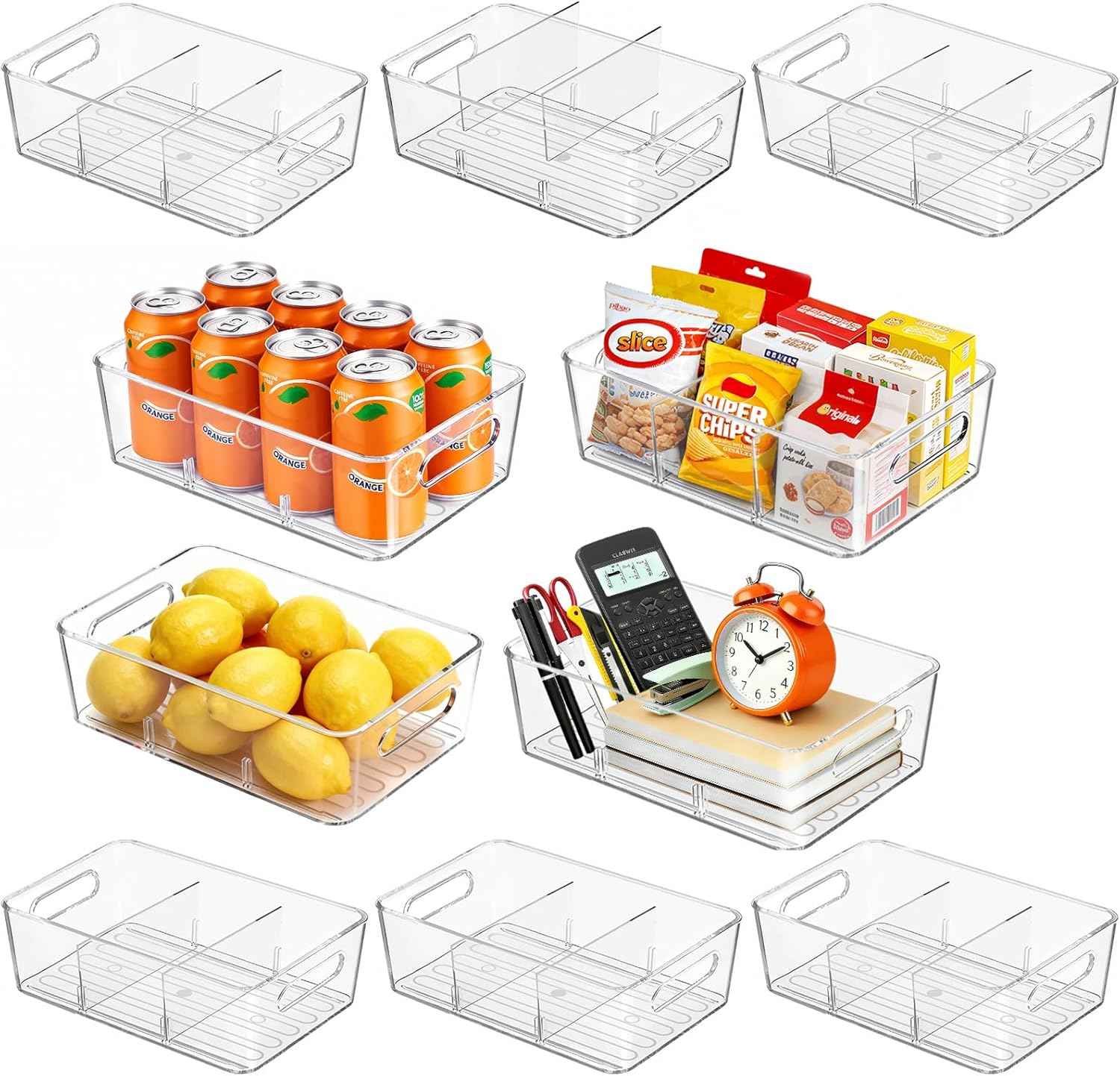 6 Pack Pantry Organizers and Storage,Clear Plastic Containers with 2 Dividers for Kitchen,Fridge Organization and Storage,Acrylic Bins for Pounches,Spice Packet,Snack organzier