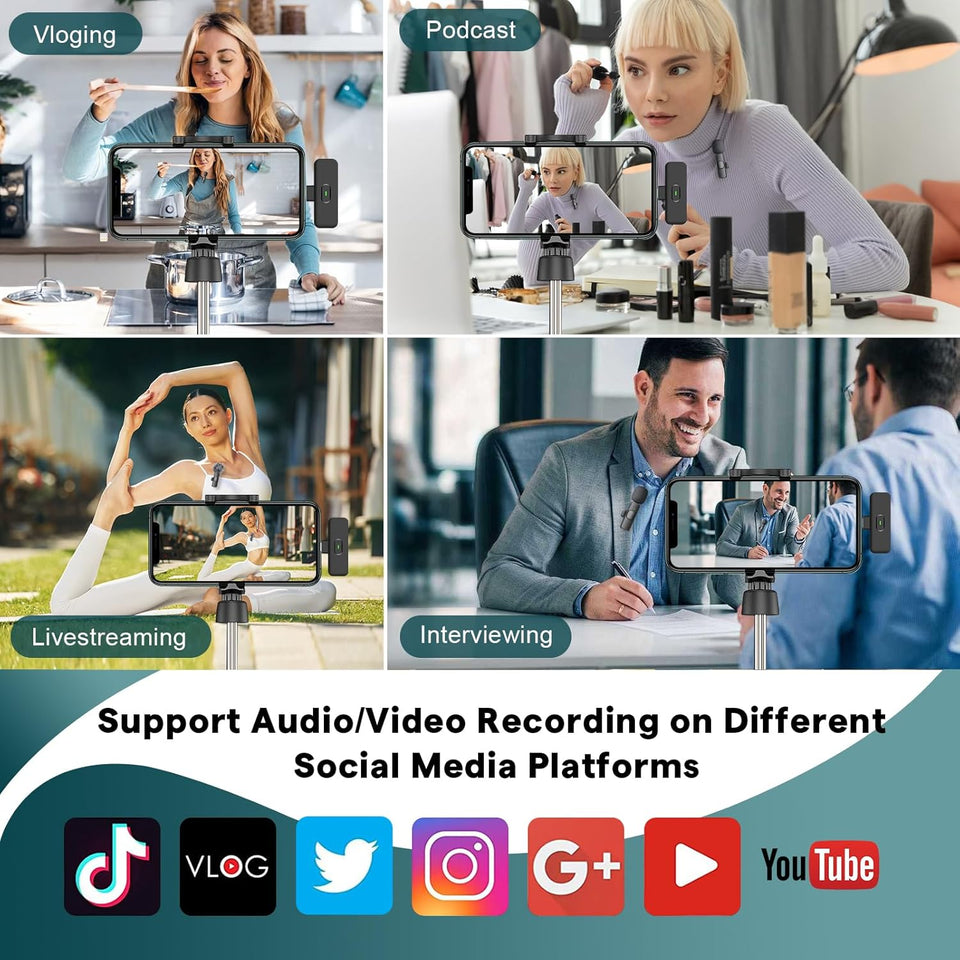 Wireless Mini Lavalier Microphone 2-Pack – Universal USB-C & Lightning Lapel Mic for iPhone 17/16/Android, 70ft Range Noise-Reduction Mic for YouTube, TikTok, and Vlogging