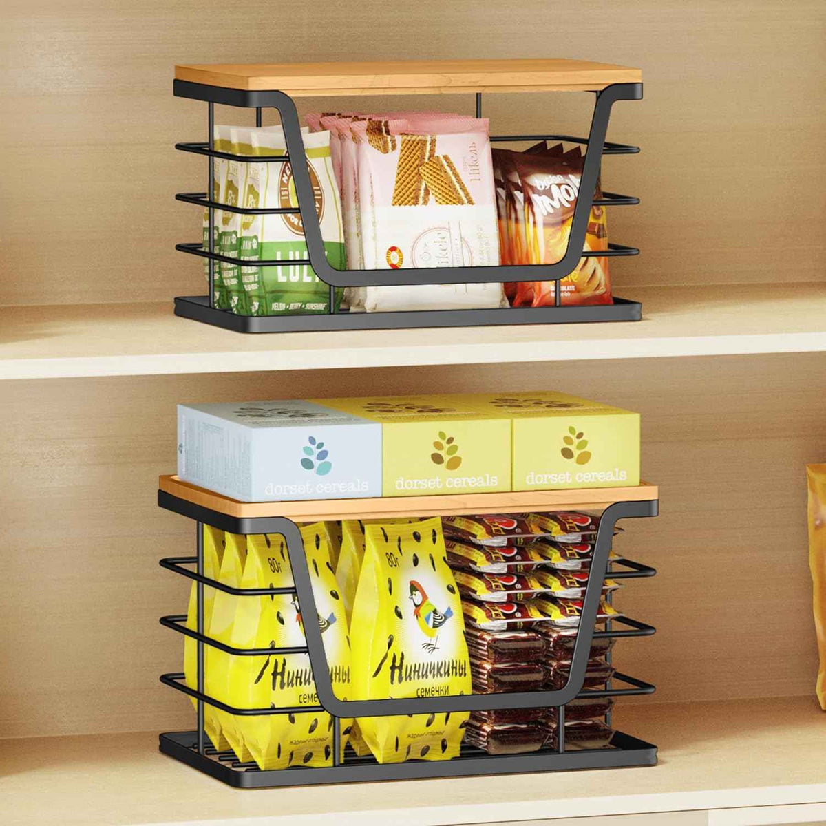 Bamboo Storage Organizers by ALOCEO 2 Pack Stackable Kitchen Laundry with Trash Bag Holder and Small Garbage Bag Dispenser