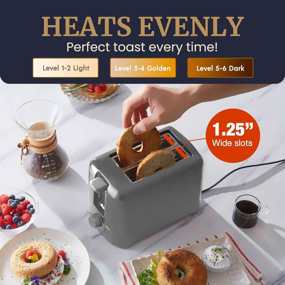 Elite Gourmet ECT1027G Cool-Touch 2 Slice Toaster, 6 Toast Settings & Cancel Function, Extra Wide 1.25‰۝ Slots Easily Fits Breads, English Muffins, Bagels & Waffles, Gunmetal Gray