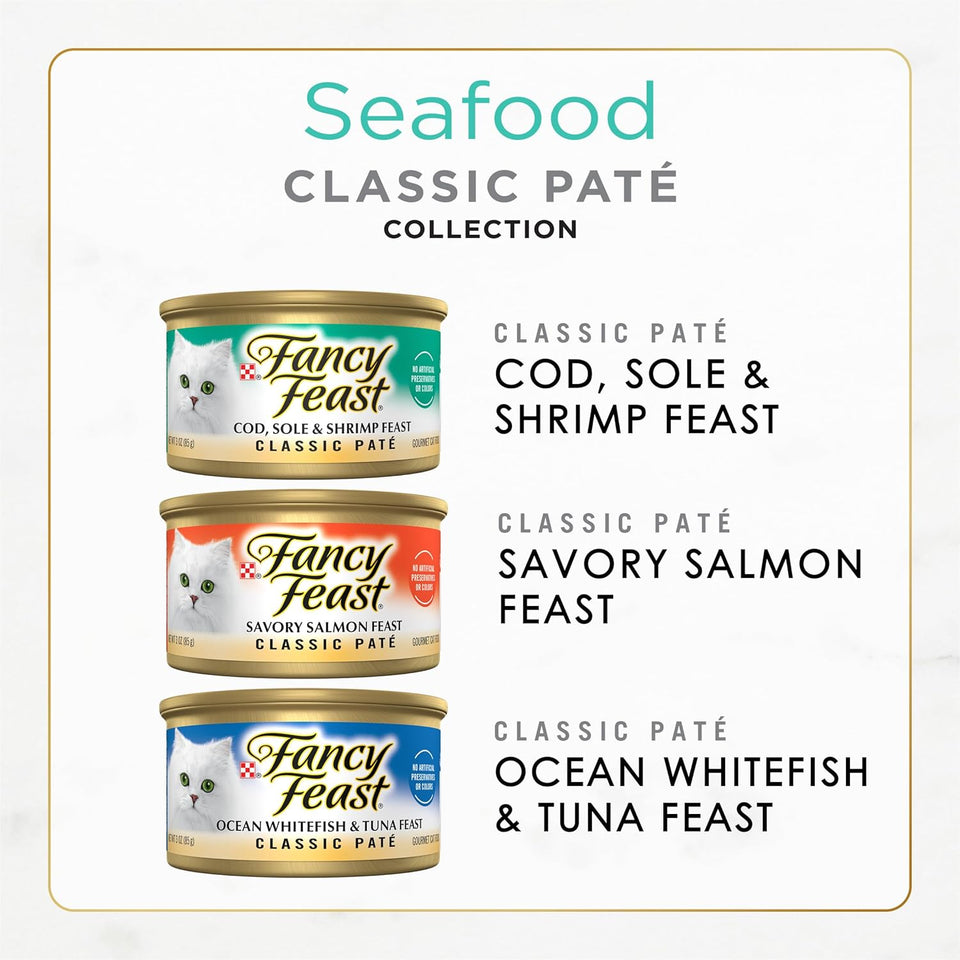 PLrina Fancy Feast Seafood Classic Pate Collection Grain Free Wet Cat Food Variety Pack - (Pack of 30) 3 oz. Cans