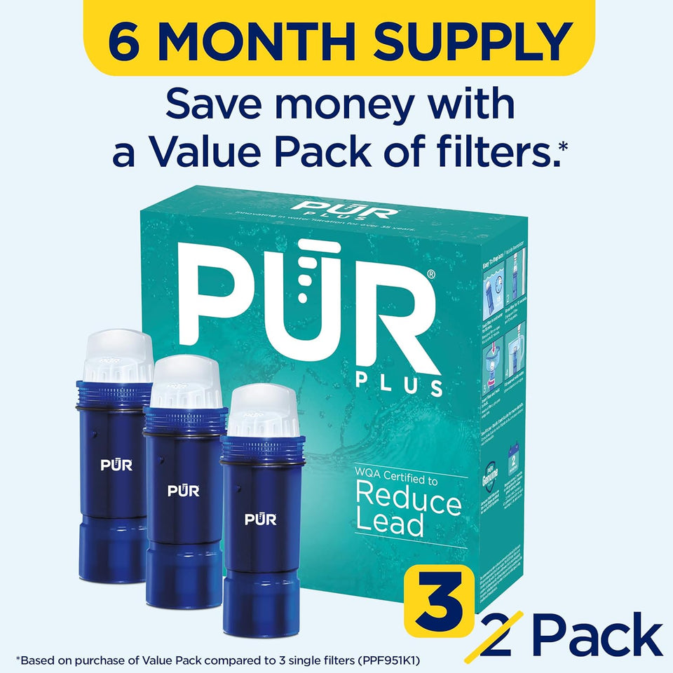 PLR Plus Water Filter Replacement for Pitchers & Dispensers, 6-Month Supply, 3 Count, Blue (PPF951K3)