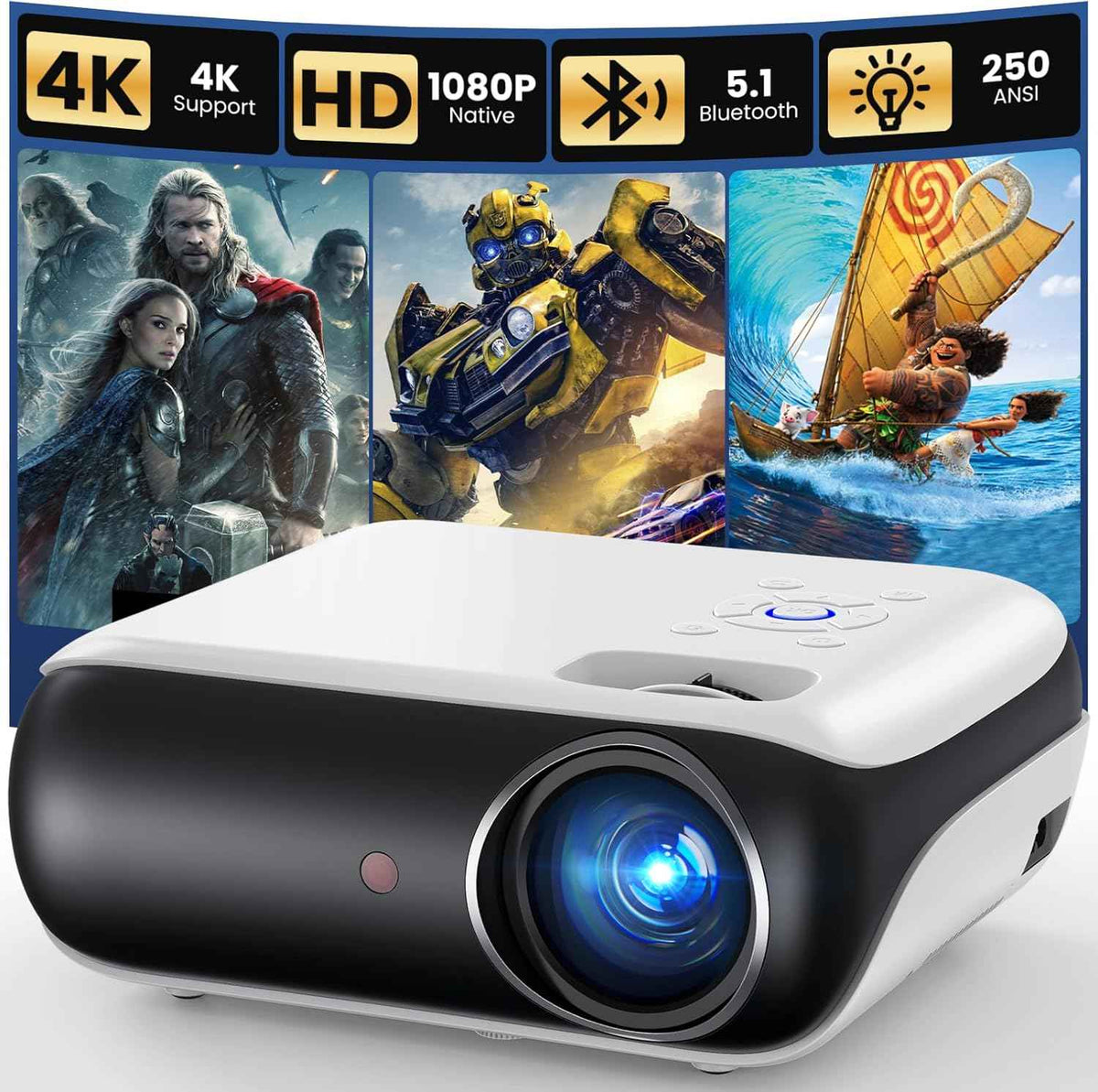 HAPPRUN Native 1080P Bluetooth Mini Projector, Full HD Portable Outdoor Movie Projector with Built-in Speaker, Compatible with Smartphone, HDMI, USB, AV, Fire Stick, PS5 for Home, Bedroom, Outdoor Use