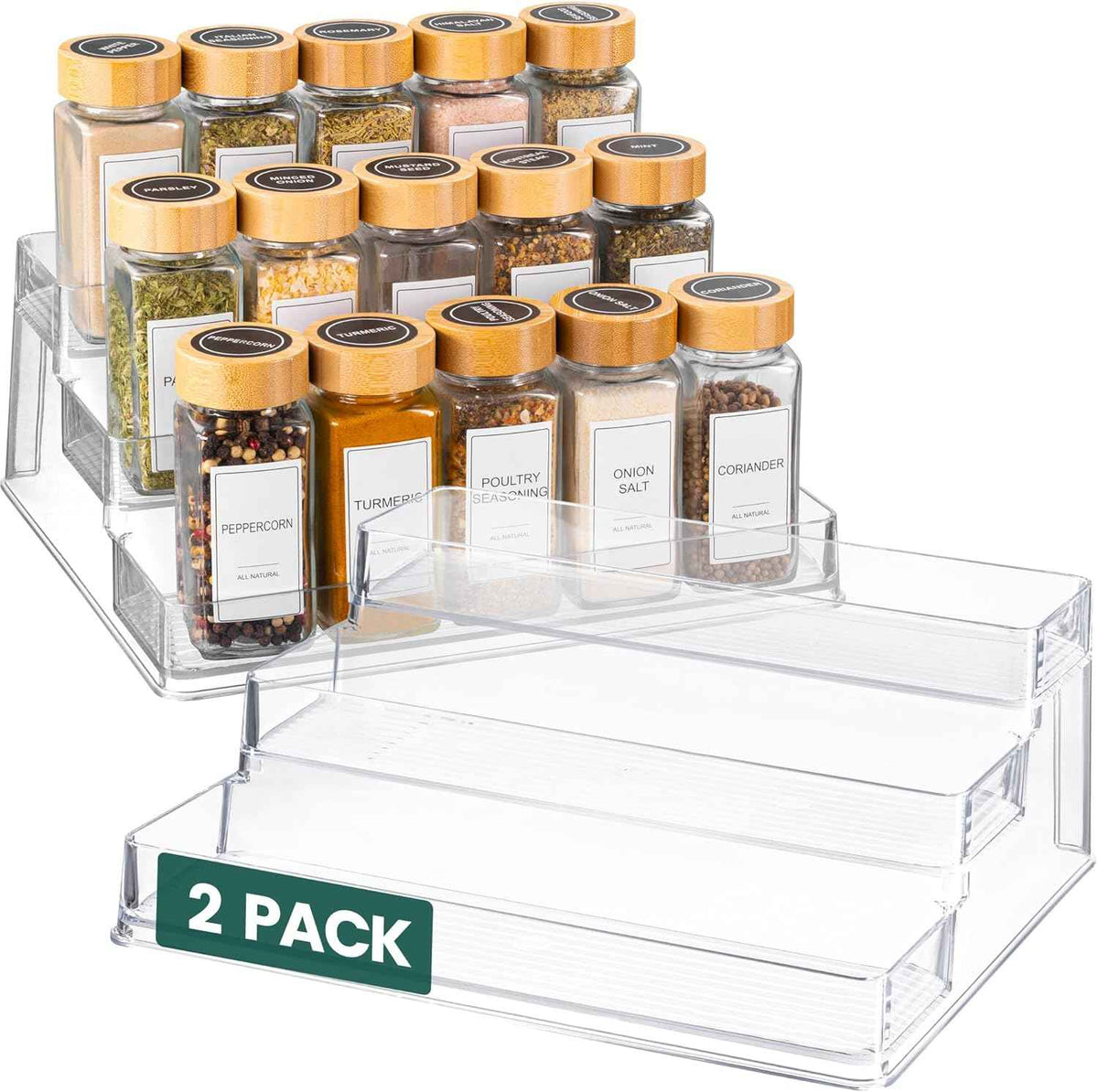 2-Pack Oizeir Clear Acrylic Spice Rack with 3-Tier Organizer for Cabinet - 10.4 x 9.6 x 4 Inches