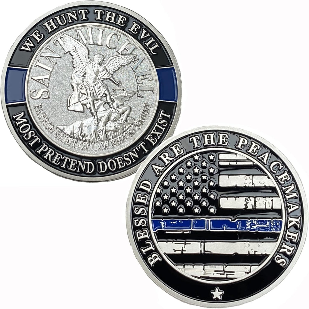 Saint Michael Patron Saint of Law Enforcement Challenge Coin The Thin Blue Line Silver Plated Coins